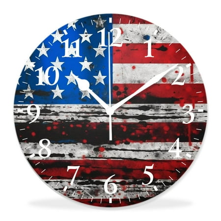 generic 16 inch Round Wall Clock,Watercolor American Usa Flag Elegant Pattern,Silent Non Ticking Wall Clocks for Living Room Kitchen Bedroom