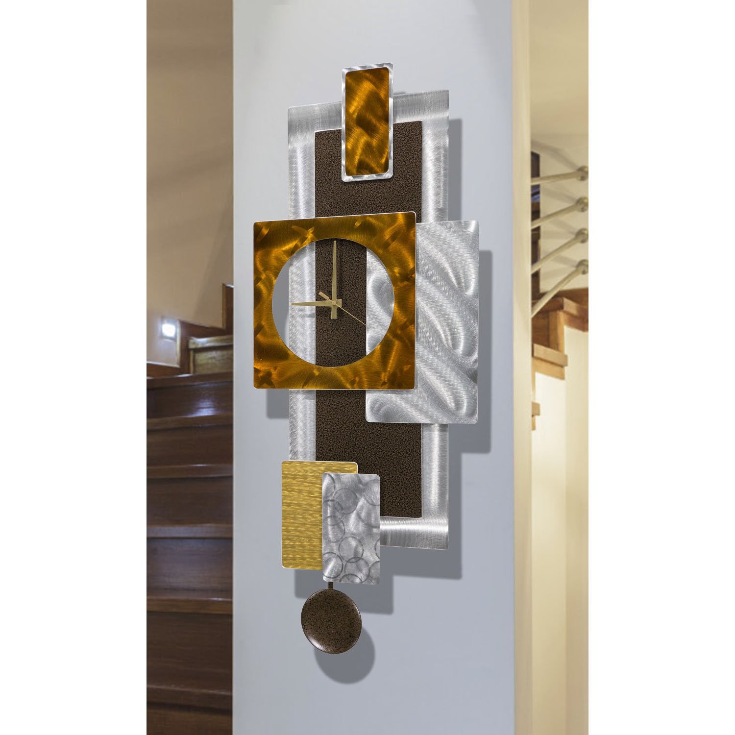 Geometric Metal Wall Clock Art with Pendulum Modern Hanging Sculpture Home Decor