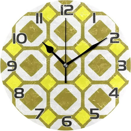 Geometric Yellow Wall Clock Round Vintage Silent Non Ticking Battery Operated Accurate Arabic Numerals Design for Home Kitchen Living Room Bedroom Inch