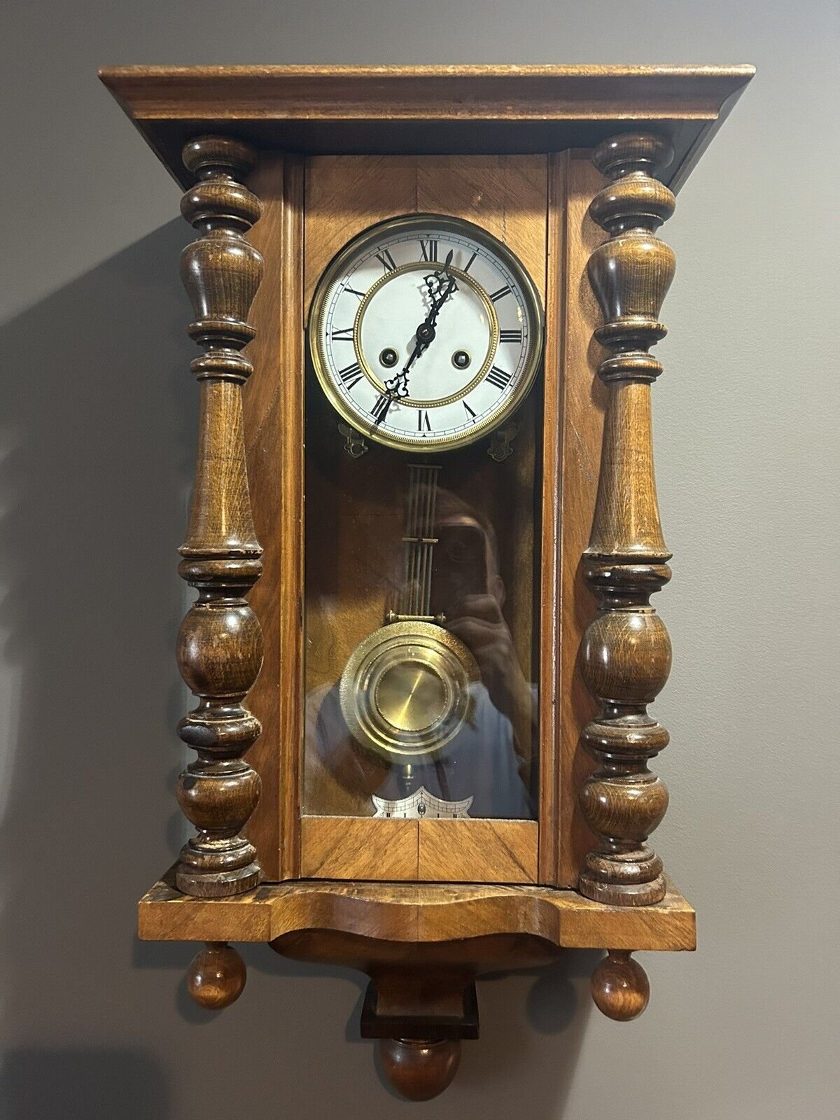 German Regulator Wall Clock, Circa 1900, 8-Day Key-Wound Time & Strike wKey