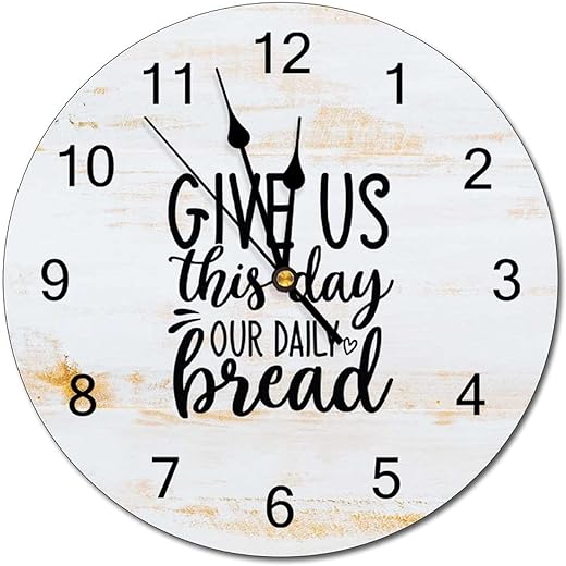 Give Us This Day Our Daily Bread Wooden Clock Bible Verse Christian Religious Quotes Jesus Wall Clock Quartz Silent Clock Home Decorative Hanging Clock for Living Room Birthday 10Inch