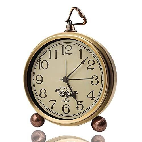Golden Table Clock Retro Vintage Non-Ticking Table Desk Alarm Clock Battery O...