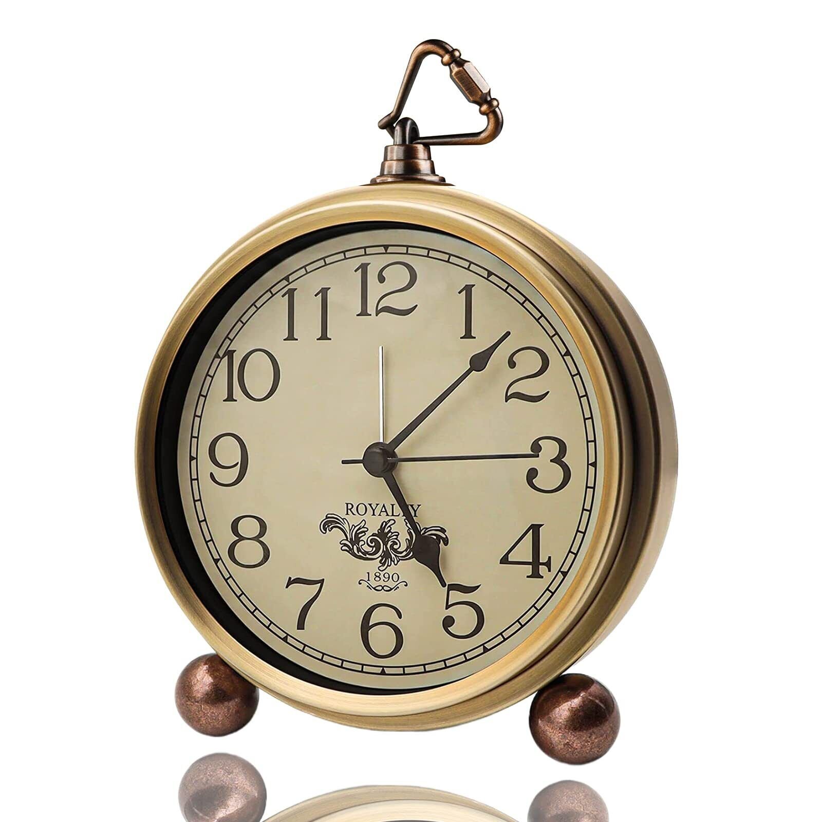 Golden Table Clock Retro Vintage Non-Ticking Table Desk Alarm Clock Battery O...