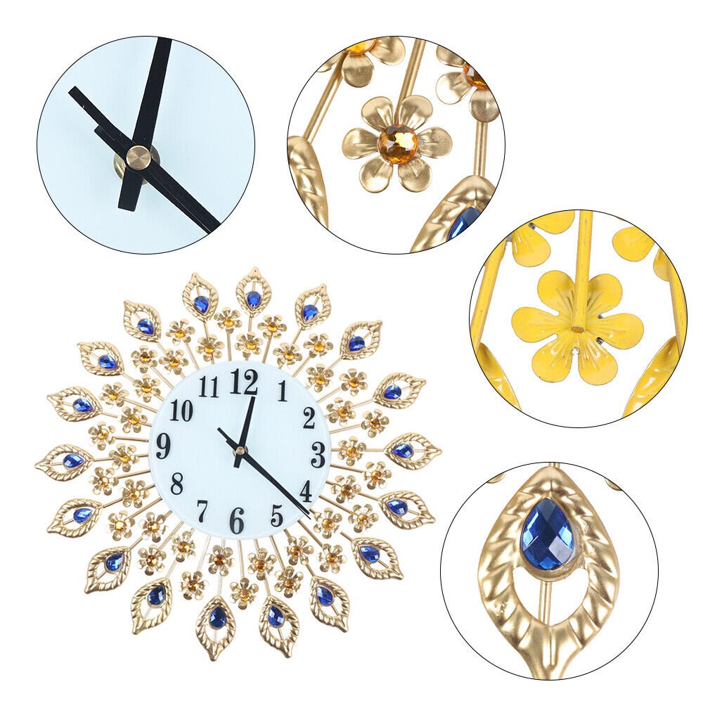 Gold Luxury Peacock Large Wall Clock 38cm 3D Metal Living Room Watch Home Decor