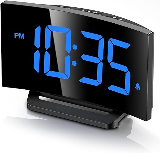 GOLOZA Digital Alarm Clock for Bedrooms, Digital Clock with Modern Curved Design, Conspicuous Blue LED Numbers, 5 Levels Brightness+Off, 2 Volume, 3 Alarm Tones, Snooze, Power-Off Memory, 12/24H