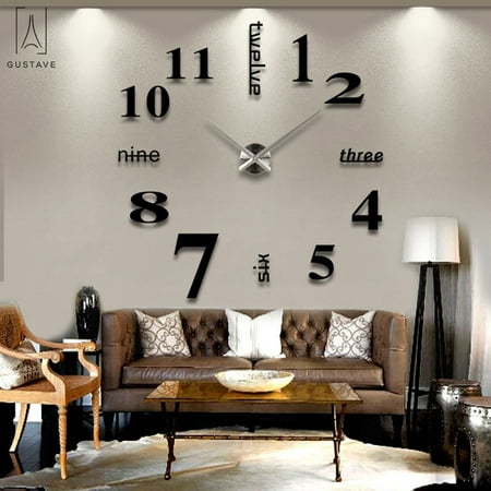 Gustave Modern DIY Large Wall Clock 3d Mirror Surface Sticker Mute Clock Home Decor Art Design For Living Room Bedroom Black