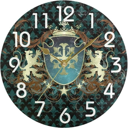 GZHJMY Medieval Heraldic Coat of Arms Fleur De Lis Lions Round Wall Clock, 9.5 Inch Battery Operated Quartz Analog Quiet Desk Clock for Home,Kitchen,Office,School,Cafe