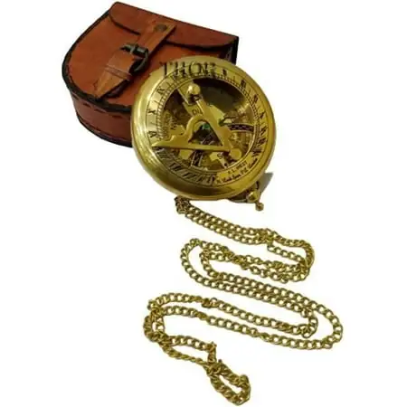 Handmade Brass Vintage Sundial Compass with Leather Case/Sundial Push Open Compass for Gift