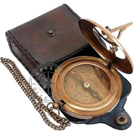 Hanzla Collection Brass Sundial Compass with Leather Case and Chain - Push Open Compass - Steampunk Accessory - Beautiful Handmade Gift - Nautical Sun Clock