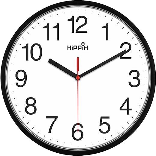 HIPPIH Clock Black Wall Clock Silent Non Ticking Quality Quartz - 10 Inch Round Easy to Read for Home Office & School Decor Clock