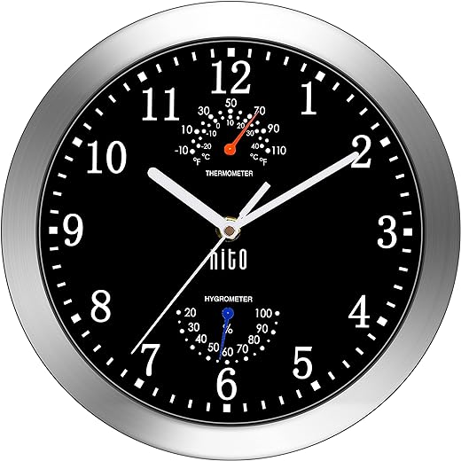 HITO 10 Inch Silent Wall Clock Battery Operated Non Ticking Glass Cover Silver Aluminum Frame, for Kitchen, Bedroom, Home Office, Living Room Decor (Black)