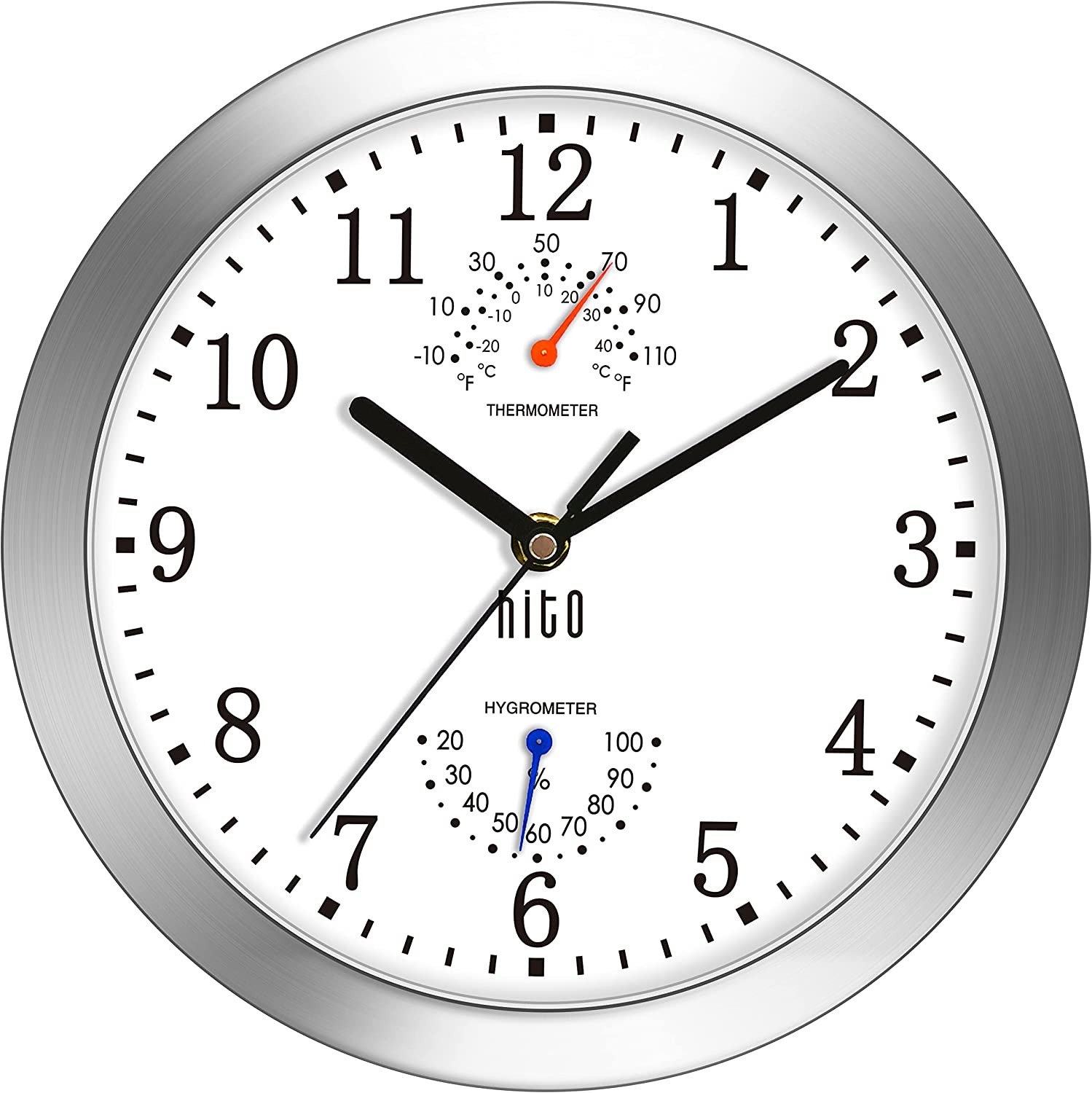 Hito 10 Inch Silent Wall Clock Battery Operated Non Ticking Glass Cover Silver A