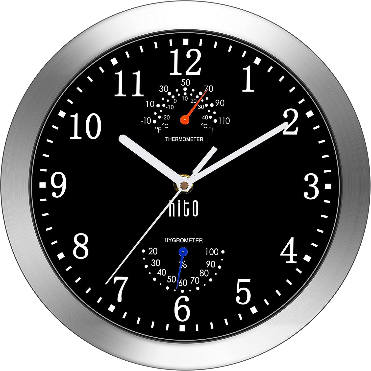 HITO 10 Inch Silent Wall Clock Battery Operated Non Ticking Glass Cover Silver A