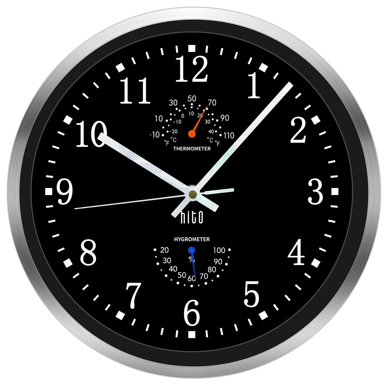 HITO 12 Inch Silent Wall Clock Battery Operated Non Ticking Glass Cover Silve...