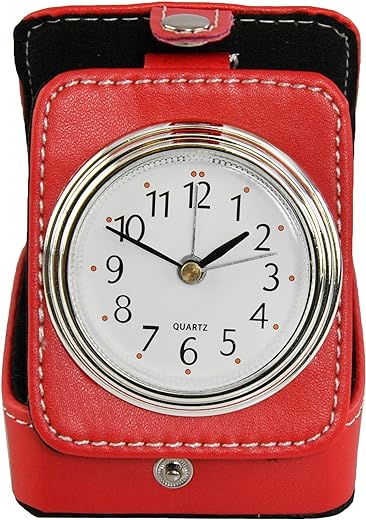 Home-X Red Analog Alarm Clock for Travel, Small Battery-Operated Bedside Clock and Case-3 L x 1 H