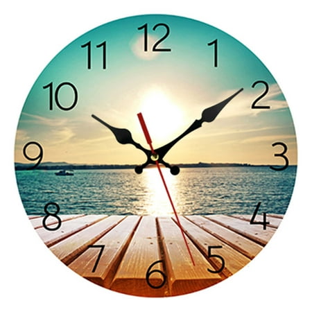 Homore 10Inch Round Wall Clock, Silent Ticking, Decor Bathroom Kitchen Office School Sunrise Seaside Pier Wall Clock