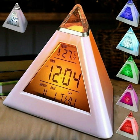 HOTBEST 7 Color LED Digital Alarm Clock Pyramid Alarm Clock Battery Powered Night Light Desk Clock with Music Snooze Temperature 12/24h for Bedroom Office Decoration