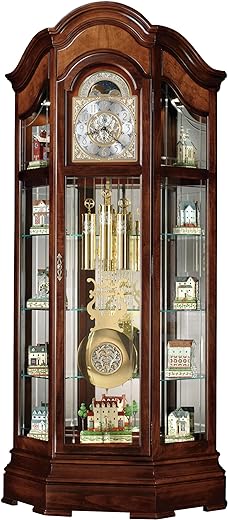 Howard Miller Liskov Floor Clock II 549-028 – Large Windsor Cherry Curio Cabinet with Cable-Drive, Triple-Chime Movement with Volume Control