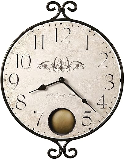 Howard Miller Randall Wall Clock 625-350 – Wrought-Iron Frame with Warm-Gray Finish, Peep Hole Antique Brass Pendulum at The Six Position, Quartz Movement