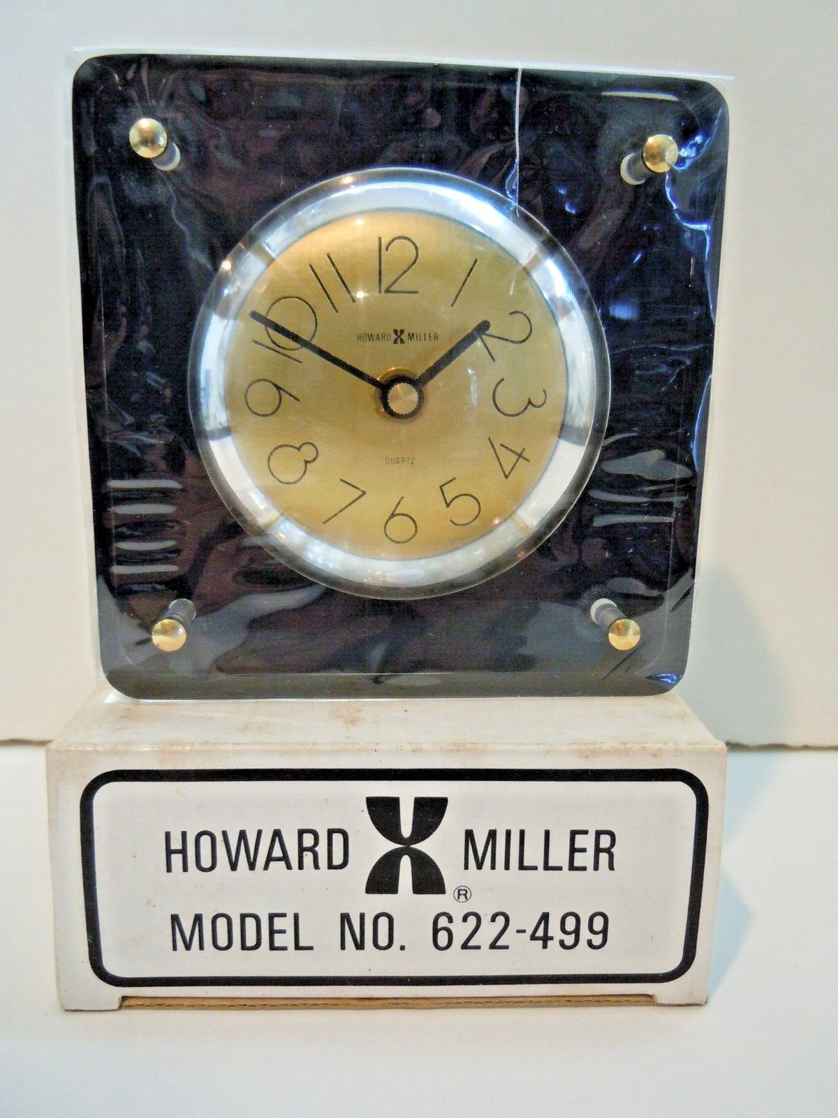 Howard Miller Table Desk Clock in Lucite Block w/Gold Dial Face