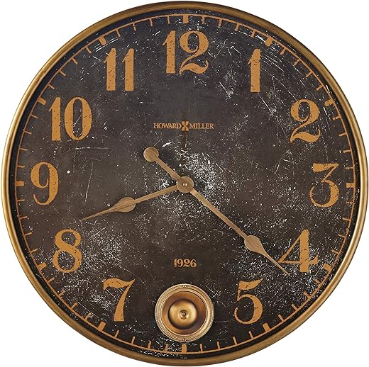 Howard Miller Union Depot Wall Clock 625-733 – Brass Finished Metal Frame, Aged Black Dial, Antique Home Décor, Brass Finish Pendulum, Quartz Movement