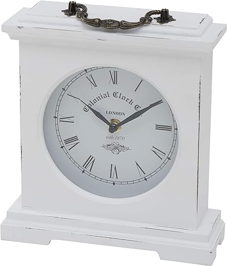 Iconic Colonial Mantel Clock, Roman Numerals, Quartz Movement, Vintage Style, Glass, White, Distressed Finish, Wood, Metal, 8 1/4 L x 2 1/2 W x 9 1/2 H Inches, 1AA Battery (Not Included)