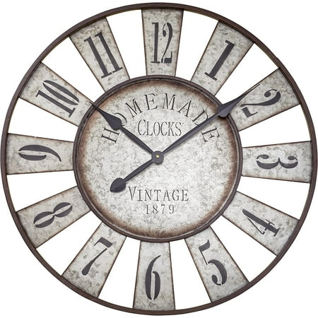 Iconic Farm Fair Game Wheel Clock, Vintage, Analog, Galvanized Metal, Quartz Movement, Over Sized Rustic Round, Over 2 Ft Diameter (28 3/4 Diameter ) Cordless, 1 AA Battery (Not Included) Shabby Style