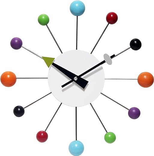 Infinity Instruments Orb Spoke Midcentury Modern 15 inch Retro Starburst Ball Wall Clock Quiet Quartz Movement Mid Century Decorative, Multi, Multicolor