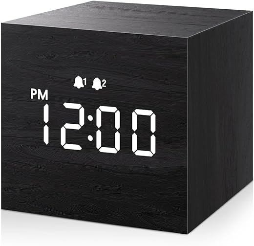 JALL Digital Alarm Clock, with Wooden Electronic LED Time Display, Dual Alarm, 2.5-inch Cubic Small Mini Wood Made Electric Clocks for Bedroom, Bedside, Desk, Black