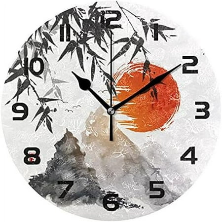 Japanese Art Painting Wall Clock Silent Non-Ticking Asian Red Sun 9.5 Inch Round Wall Clock Battery Operated Clock Decor for Home Wall Bathroom Kitchen Bedroom Living Room Office Classroo