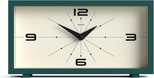 JONES CLOCKS® 'Odeon' Desk Clock - Modern Rectangular Design in Green, Stylish Retro Look for Shelf, Table, Mantel or Bedside