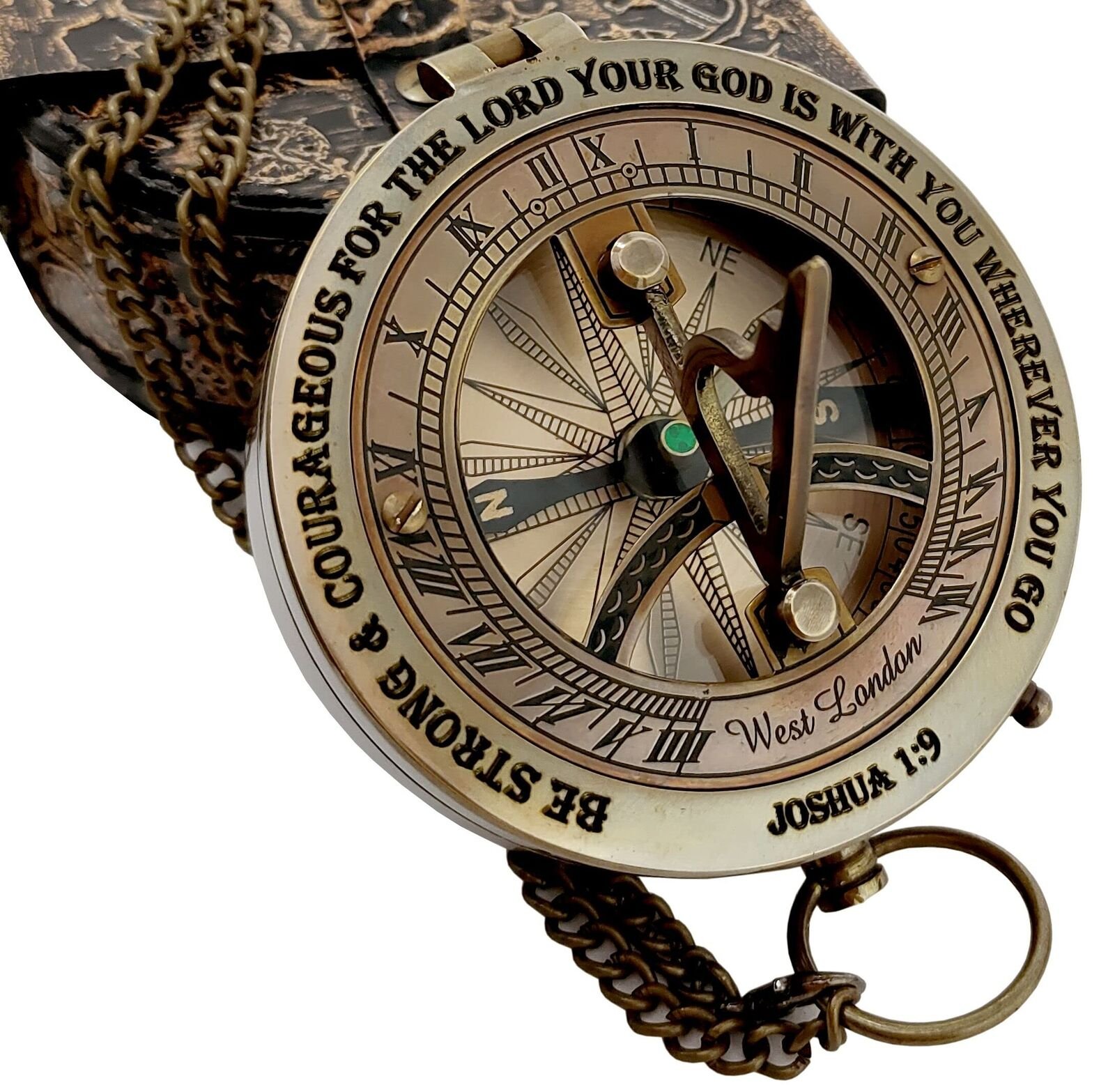 - "Joshua 1-9" Brass Sundial Compass with Leather Case and Chain - Steampunk ...