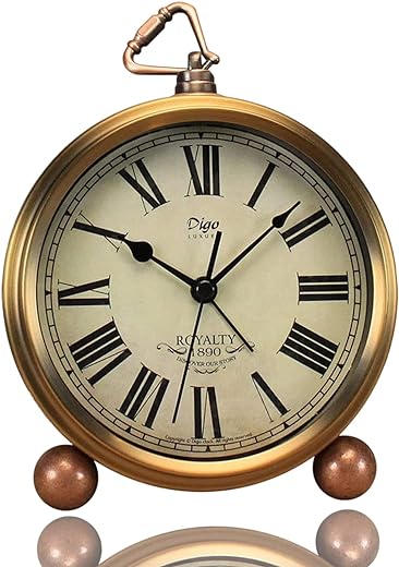 Justup Golden Table Clock, Retro Vintage Non-Ticking Table Desk Alarm Clock Battery Operated Silent Quartz Movement HD Glass for Bedroom Living Room Indoor Decoration Kids (Roman)