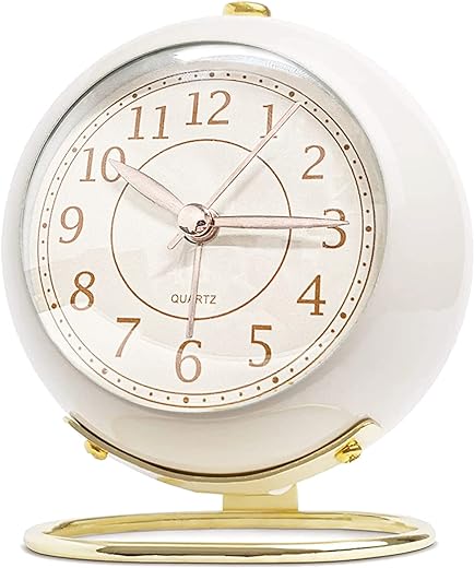 JUSTUP Small Table Clocks, Classic Silent Non-Ticking Tabletop Kids Room Analog Alarm Clock Battery Operated Desk Clock with Backlight HD Glass for Bedroom Living Room Kitchen Indoor Decor (White)