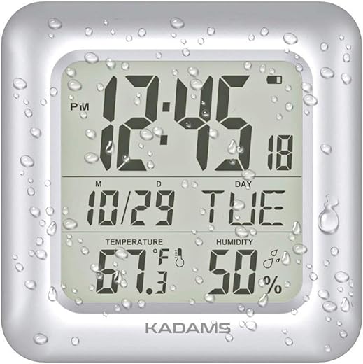 KADAMS Bathroom Clock Wall with Shatterproof LCD Screen – Waterproof Shower Clock Water Resistant with Temperature & Humidity Display Calendar in 7 Languages with 4 Installation Options, Silver