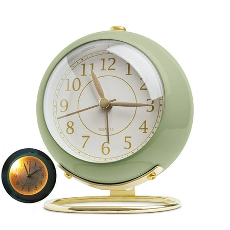 Kizocay Classic Small Table Clocks, Non-Ticking Silent Tabletop Alarm Clock, Battery Operated and Light Function, Vintage Round Clock with Backlight Glass for Bedroom