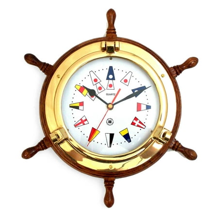 Lacquered Brass Porthole Quartz Clock on Oak Ship's Wheel with Nautical Flags Dial Face.