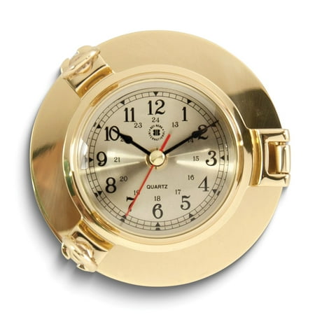 Lacquered Brass Porthole Quartz Clock with Beveled Glass and Military Time QGM21394