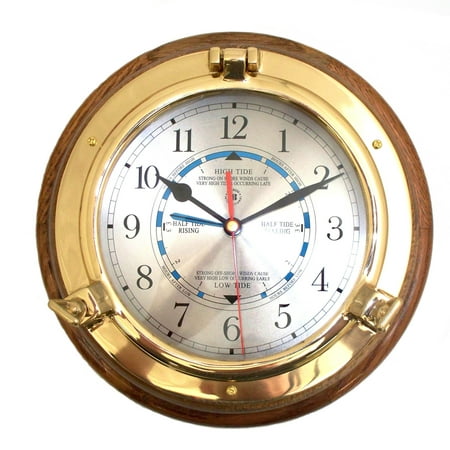 Lacquered Brass Porthole Tide & Time Quartz Clock on Oak Wood.