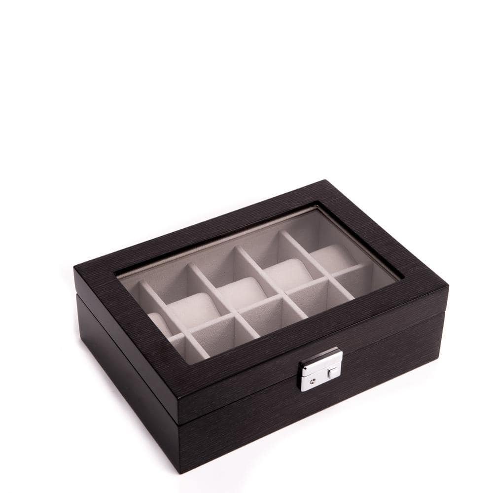Lacquered "Steel Gray" Wood 10-Watch Case with See-thru Glass Top Soft Velour...