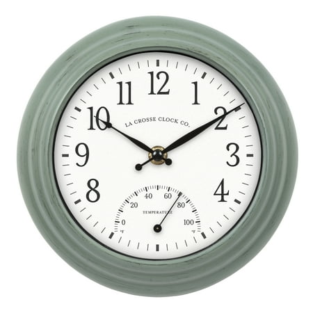 La Crosse 8 Sage Green Indoor/Outdoor Classic Quartz Analog Clock with Temp, 433-3020