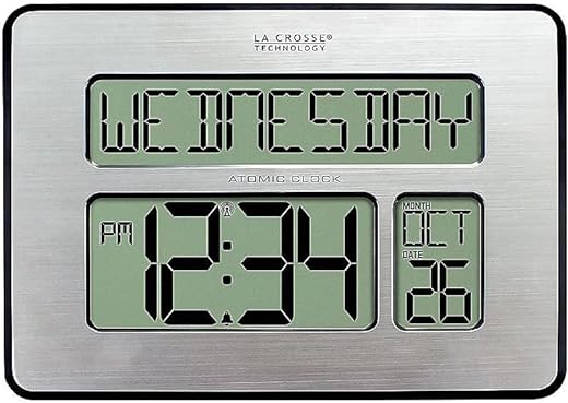 La Crosse Technology 513-1419-INT Atomic Full Calendar Clock with Extra Large Digits - Silver, 9.84L x 1.14W x 7.48H