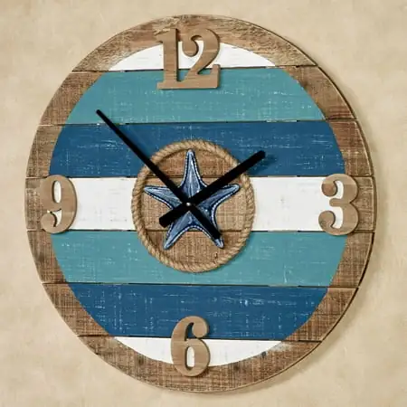 La Mer Coastal Wooden Plank Wall Clock Blue 24 Inches Diameter