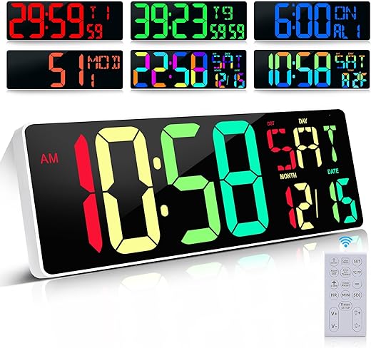 Large Digital Wall Clock Large Display 17.2 Large Digital Timer with 9 Groups Timer Remote Control for Gym Classroom 10 Colors Available for LED Wall Clock with Temperature Date Week DST Dynamic RGB