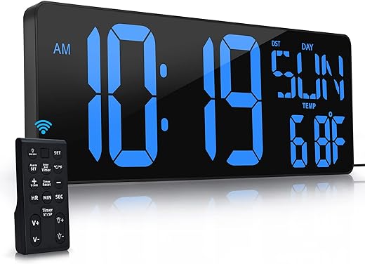 Large Digital Wall Clock with Remote Control 17.2" LED Large Display Timer with Temperature Date Week Auto DST Adjustable Brightness, Big Wall Alarm Clock for Living Room Office Garage Gym Seniors