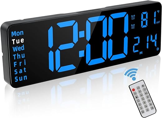 Large Display Digital Alarm Clock for Bedroom, Living Room and Office - LED Electronic Clock with DST, Temperature Display - Dimmer & Battery Backup - Modern Desk and Wall Clock (Blue)