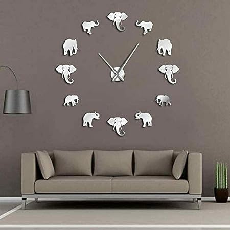 Large DIY Elephant Wall Clock Mirror Effect Wall Clock 47 Inch Giant Frameless Elephant Clock 3D Wall Watch Home Decor Modern Design Hanging Wall Art (Silver)