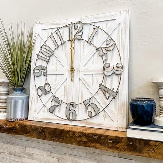 Large Farmhouse Wall Clock - 24 inch Square Farmhouse Style Clock Bundled with Decorative Reversible Wooden Sign