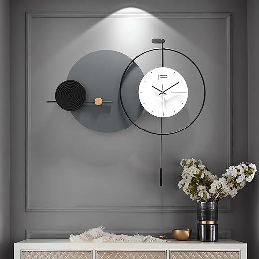 Large Modern Wall Clock for Living Room,Decorative Silent Battery Operated Wall Clock with Pendulum Metal Wall Art for Kitchen/Bedroom/Entryway/Office Decor