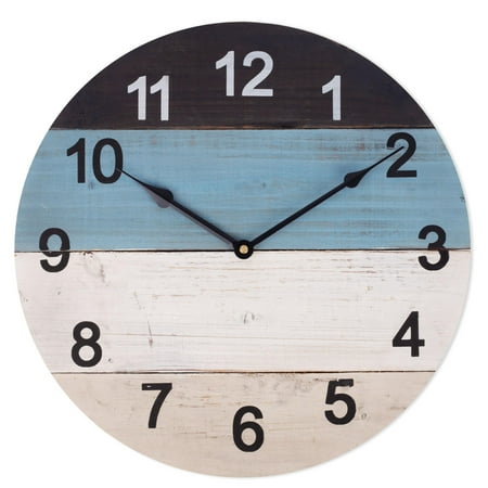 Large Wall Clock, 24 Inch Silent Battery Operated Wall Clock, Creative Coastal Beach Style Solid Wood Shiplap Decorative Clock for Living Room, Dining Room, Bedroom, Kitchen